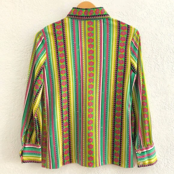 Vintage 70s Psychedelic Floral Dagger Collar Nylon Disco Shirt Blouse Top Medium - Picture 7 of 15